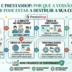 Infográfico explicando como versões incompatíveis de PHP no servidor podem prejudicar a conversão no PrestaShop, causando lentidão, falhas no carrinho e instabilidade no checkout.