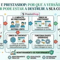 Infográfico explicando como versões incompatíveis de PHP no servidor podem prejudicar a conversão no PrestaShop, causando lentidão, falhas no carrinho e instabilidade no checkout.