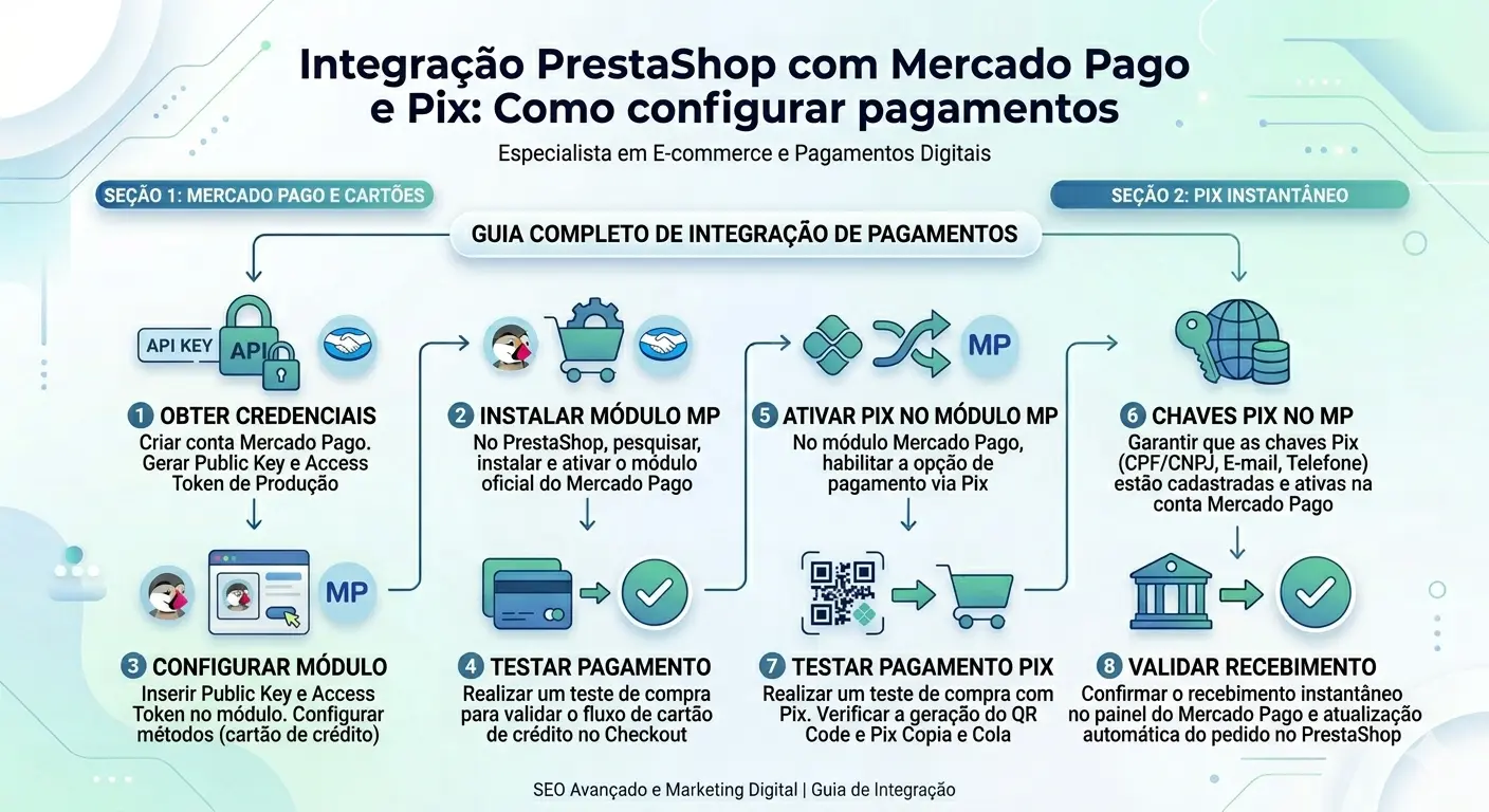Infográfico passo a passo para configurar o Mercado Pago e pagamentos via Pix no PrestaShop.