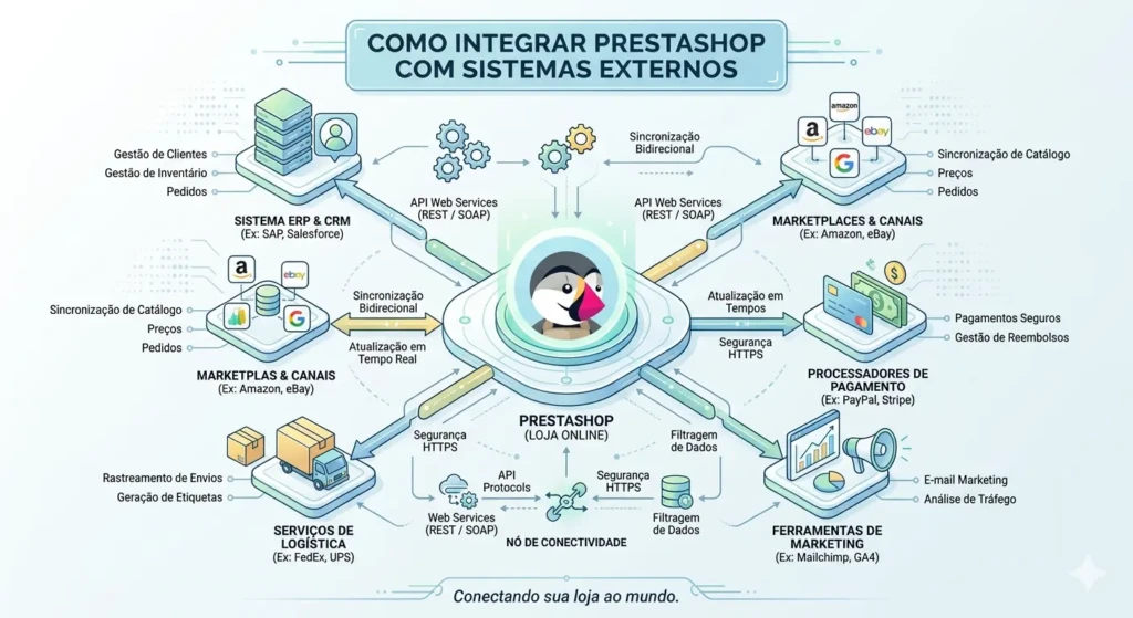 API PrestaShop 2026: Guia Completo com Segurança e Debug 3 Diagrama de conectividade do PrestaShop com sistemas de ERP, CRM, Marketplaces, Processadores de Pagamento e Ferramentas de Marketing.