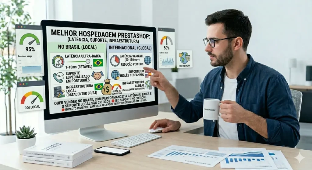 Comparativo de latência em hospedagem PrestaShop no Brasil vs internacional, mostrando resposta de 10ms em servidores locais e 150ms em servidores externos