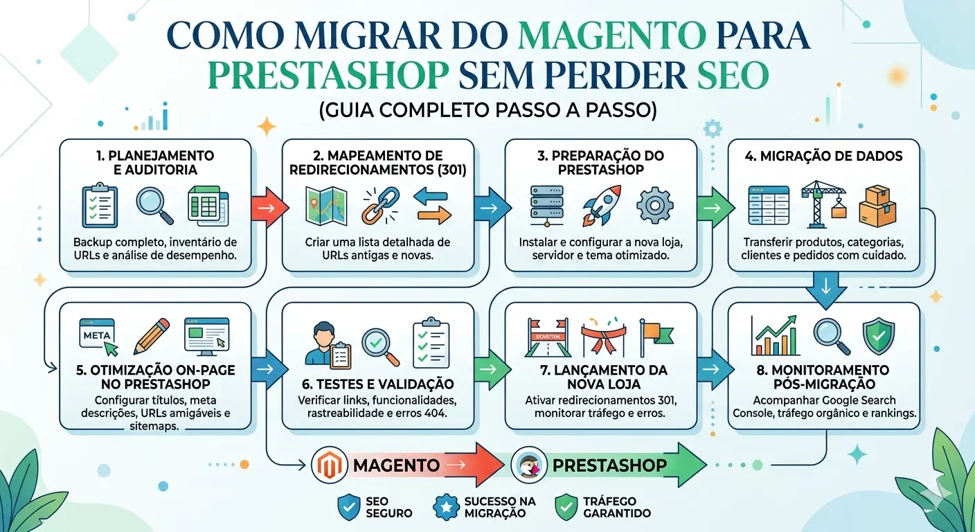 Infográfico passo a passo sobre como migrar do Magento para o PrestaShop sem perder SEO. Mostra 8 etapas: Planejamento, Mapeamento 301, Preparação PrestaShop, Migração de Dados, Otimização On-page, Testes, Lançamento e Monitoramento Pós-migração.