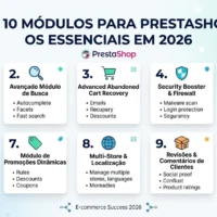 Infográfico listando os 10 melhores módulos para PrestaShop 8 em 2026, incluindo performance, SEO e pagamentos.