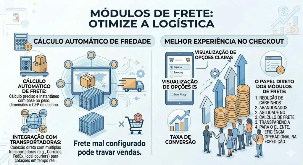 Infográfico sobre logística no PrestaShop, mostrando cálculo automático de frete, integração com transportadoras e redução de abandono de carrinho.