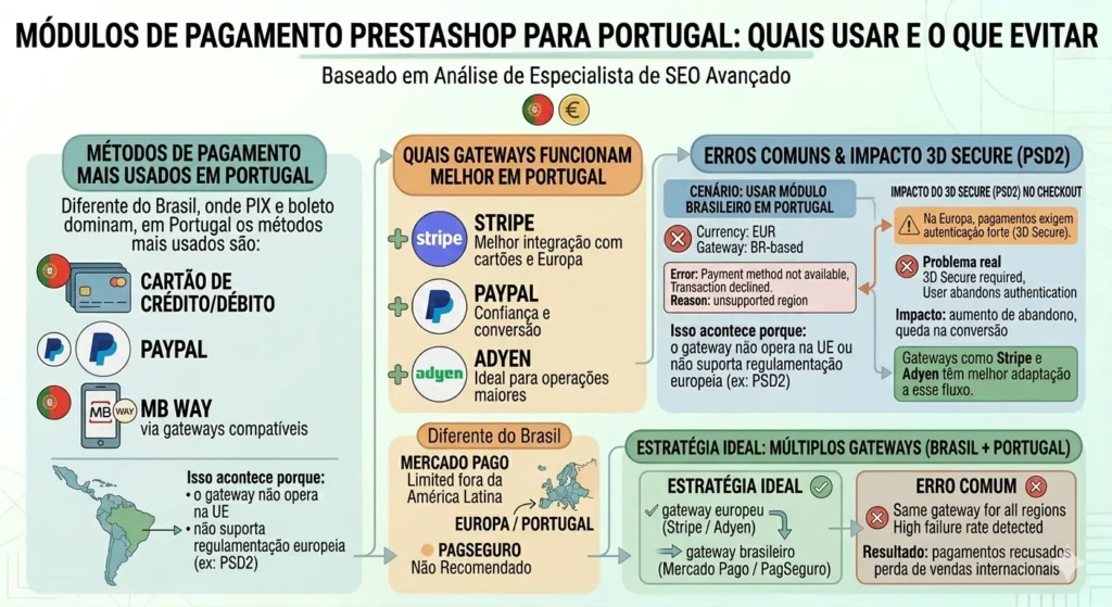 Infográfico sobre gateways de pagamento PrestaShop em Portugal: MB Way, Stripe, PayPal e Adyen, com foco em regulamentação PSD2.