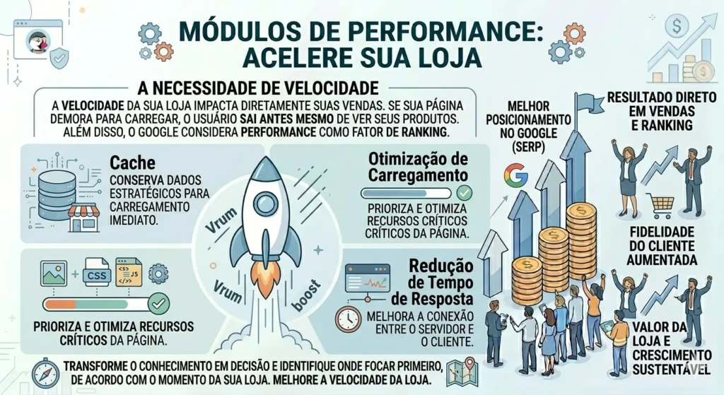 Infográfico sobre performance no PrestaShop, destacando otimização de cache, carregamento e tempo de resposta para acelerar a loja.