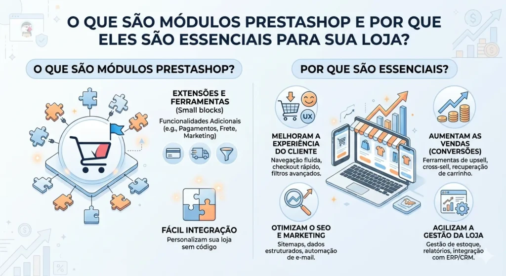 Infográfico explicando o que são módulos PrestaShop, destacando extensões de funcionalidades, facilidade de integração e melhoria na experiência do cliente.
