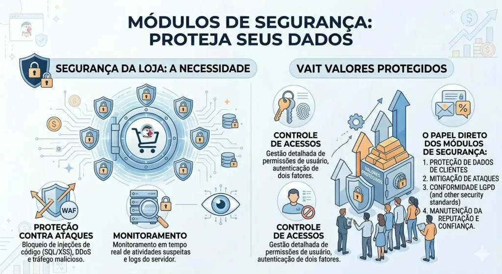 Infográfico de segurança para e-commerce PrestaShop, ilustrando proteção contra ataques, monitoramento de logs e controle de acessos.