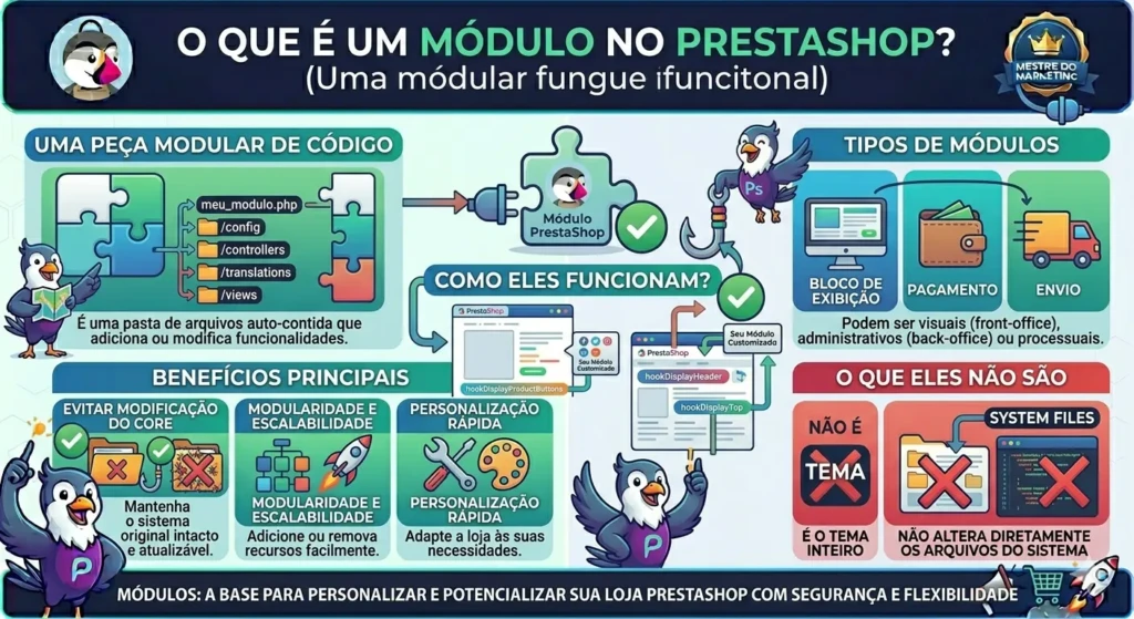 Ilustração explicativa sobre o que é um módulo no PrestaShop, destacando sua natureza como peça modular de código que adiciona funções sem alterar o core.