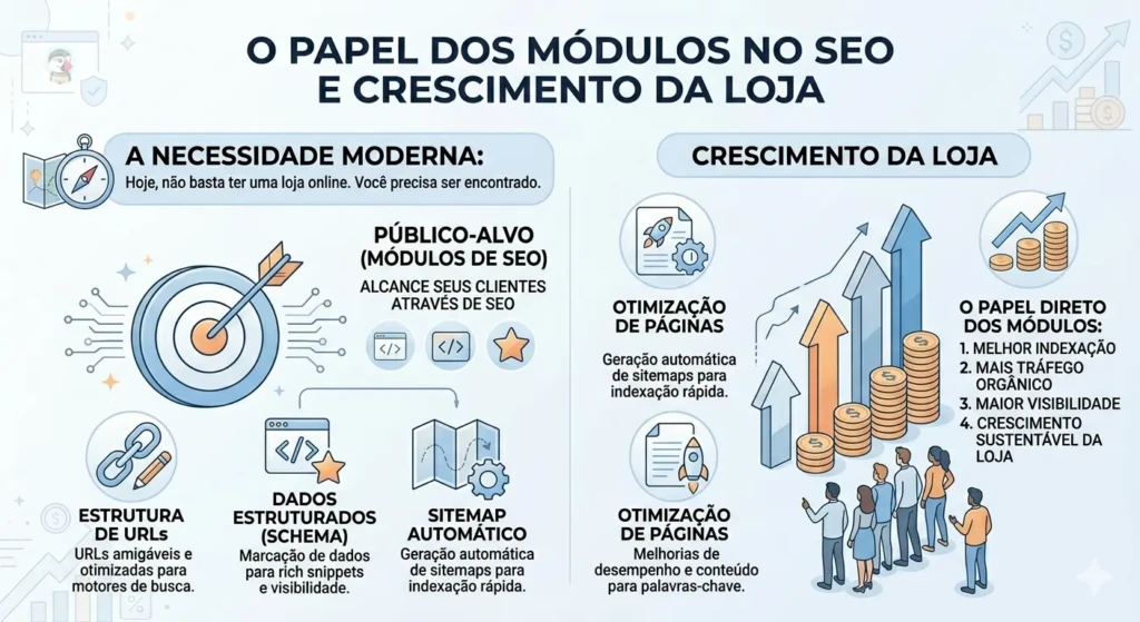 Diagrama sobre o papel dos módulos no SEO e crescimento de lojas PrestaShop, focando em URLs, Dados Estruturados (Schema) e Sitemaps.