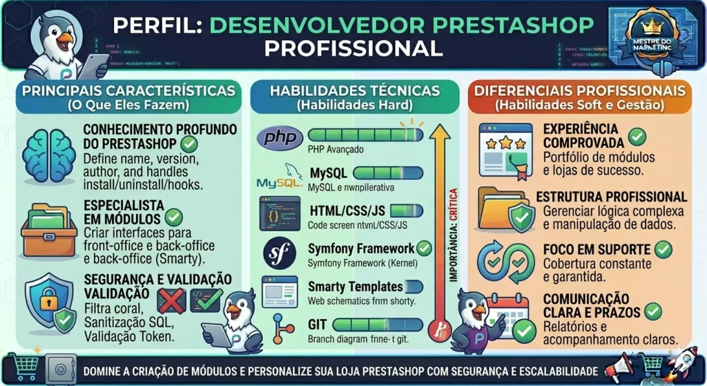 Infográfico técnico detalhando o perfil de um desenvolvedor PrestaShop profissional, dividindo suas competências entre Características Principais, Habilidades Técnicas (Hard Skills) e Diferenciais Profissionais (Soft Skills).
