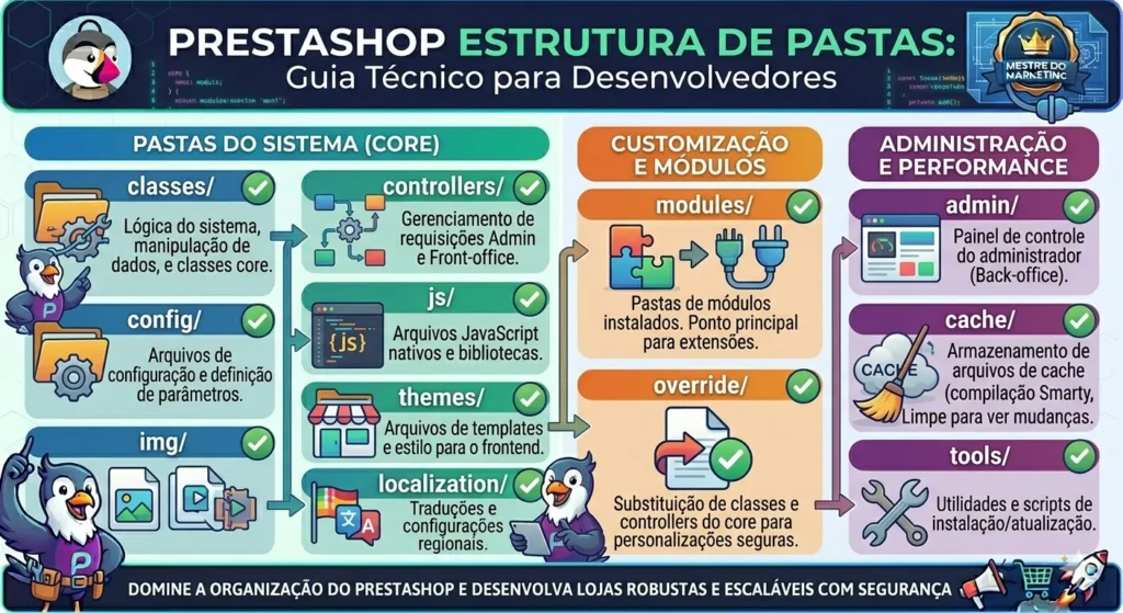 Infográfico técnico detalhando a estrutura de pastas do PrestaShop para desenvolvedores, dividindo os diretórios entre Pastas do Sistema (Core), Customização e Módulos, e Administração e Performance.