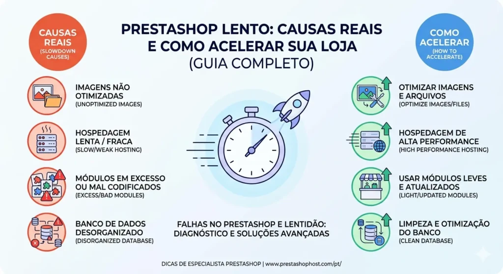 Infográfico comparativo mostrando causas de lentidão no PrestaShop e soluções para acelerar a loja virtual.
