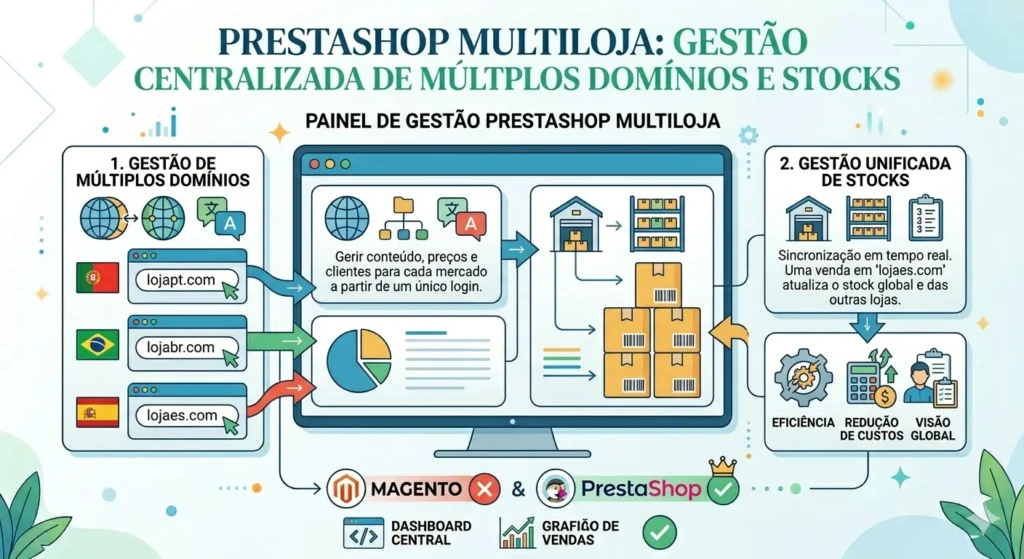 Infográfico demonstrando o painel de gestão PrestaShop Multiloja, ilustrando a conexão de múltiplos domínios internacionais e a sincronização unificada de stocks em tempo real a partir de um único login.