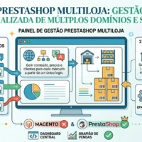 Infográfico demonstrando o painel de gestão PrestaShop Multiloja, ilustrando a conexão de múltiplos domínios internacionais e a sincronização unificada de stocks em tempo real a partir de um único login.