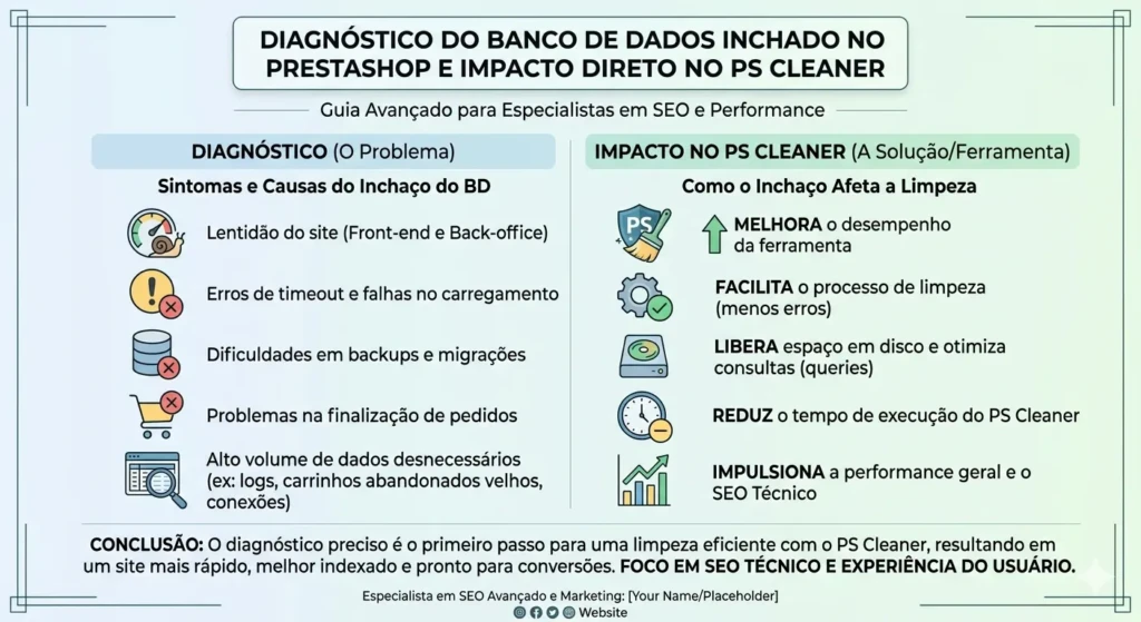 Infográfico sobre diagnóstico de banco de dados inchado no PrestaShop e o impacto positivo do uso do módulo PS Cleaner na performance e SEO.