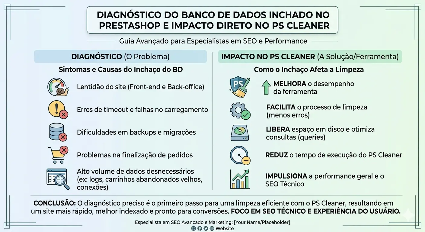 Infográfico sobre diagnóstico de banco de dados inchado no PrestaShop e o impacto positivo do uso do módulo PS Cleaner na performance e SEO.