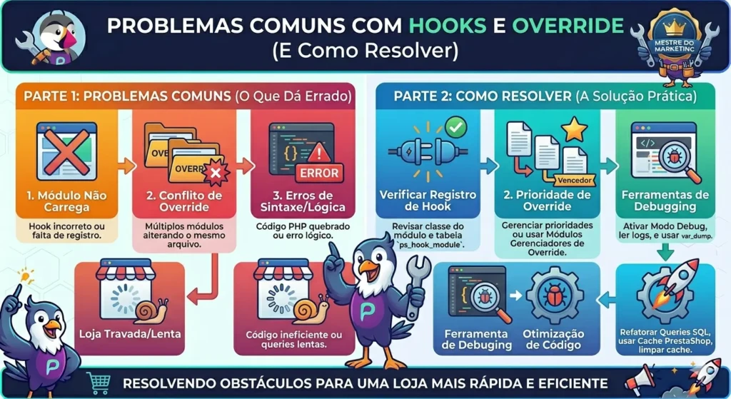Guia visual de problemas comuns em PrestaShop, como conflitos de override, erros de sintaxe e módulos que não carregam, com suas respectivas soluções técnicas.