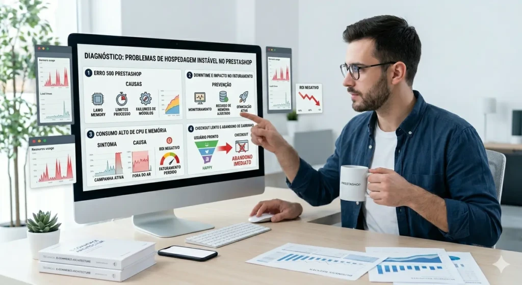 Erros 500, downtime e queda de ROI em loja PrestaShop causados por hospedagem instável durante campanhas de tráfego pago
