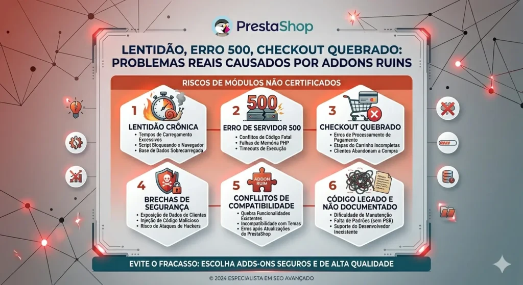 Infográfico de alerta do PrestaShop listando 6 problemas graves causados por módulos ruins, com ícones de erros de servidor 500, checkout quebrado e lentidão crônica.