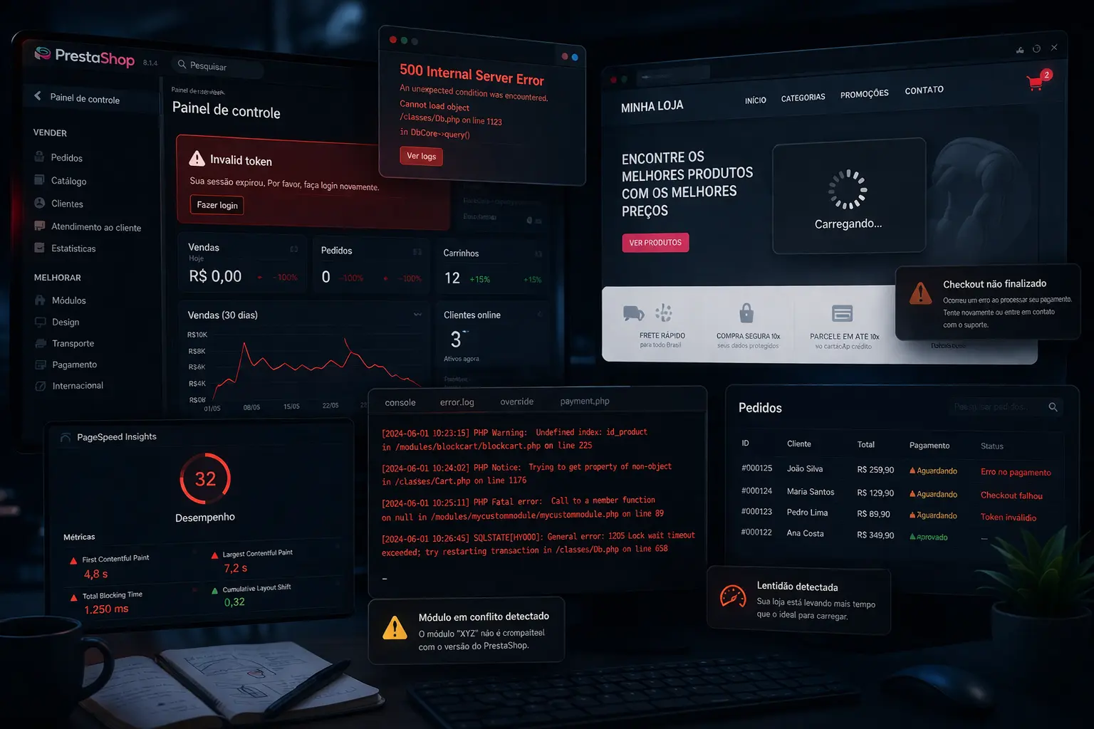 Diagnóstico de Problemas PrestaShop Especialista PrestaShop resolvendo erros de checkout e performance