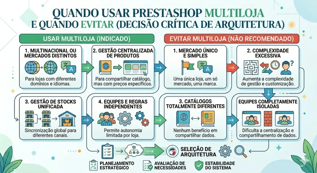 Infográfico de comparação de arquitetura PrestaShop, mostrando duas colunas: quando usar a função Multiloja (indicado para mercados distintos e gestão de estoque unificada) e quando evitar a Multiloja (indicado para mercados simples e catálogos isolados) para garantir estabilidade e simplicidade.