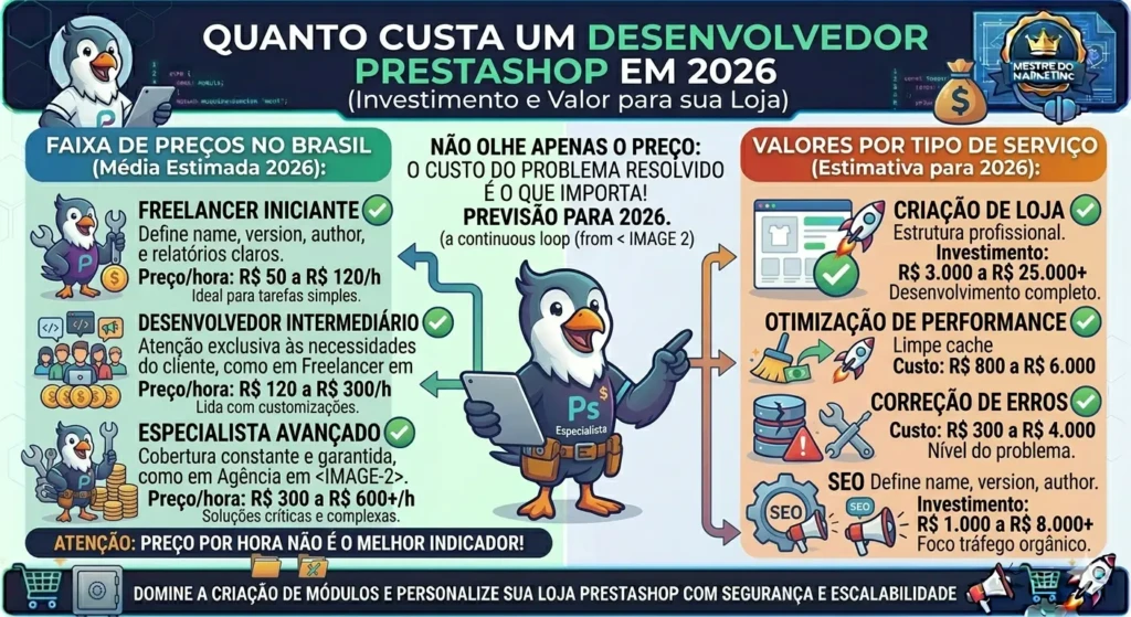 Infográfico financeiro com a previsão de custos de desenvolvedores PrestaShop para 2026 no Brasil, detalhando faixas de preço por hora para níveis Júnior, Pleno e Sênior, e valores por tipo de serviço.