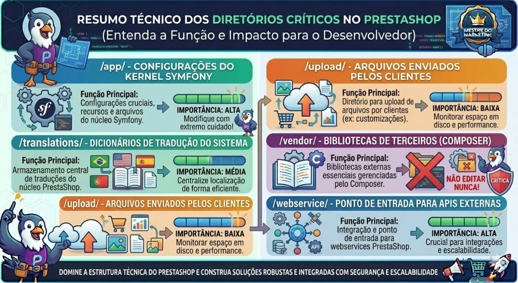Tabela visual resumindo os diretórios críticos do PrestaShop focado no desenvolvedor, detalhando a função principal e a importância técnica de pastas como /app (Kernel Symfony) e /vendor.