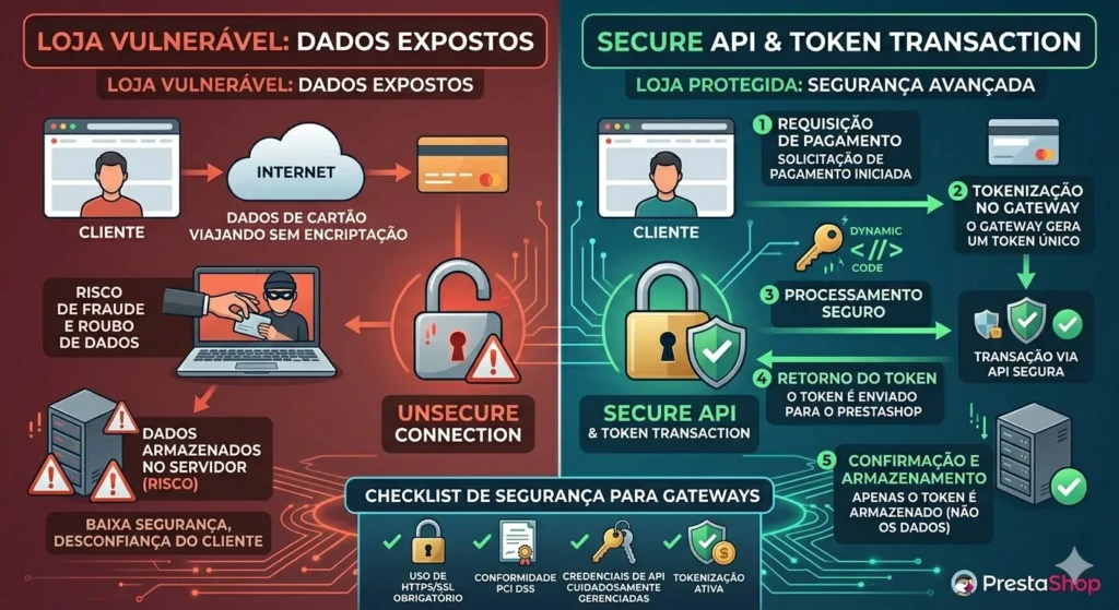 Pagamentos via API no PrestaShop: Evite Erros e Fraudes 1 Diagrama técnico de segurança PrestaShop comparando o risco de dados expostos versus o fluxo seguro de tokenização via API em transações de checkout.