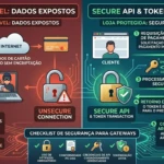Diagrama técnico de segurança PrestaShop comparando o risco de dados expostos versus o fluxo seguro de tokenização via API em transações de checkout.