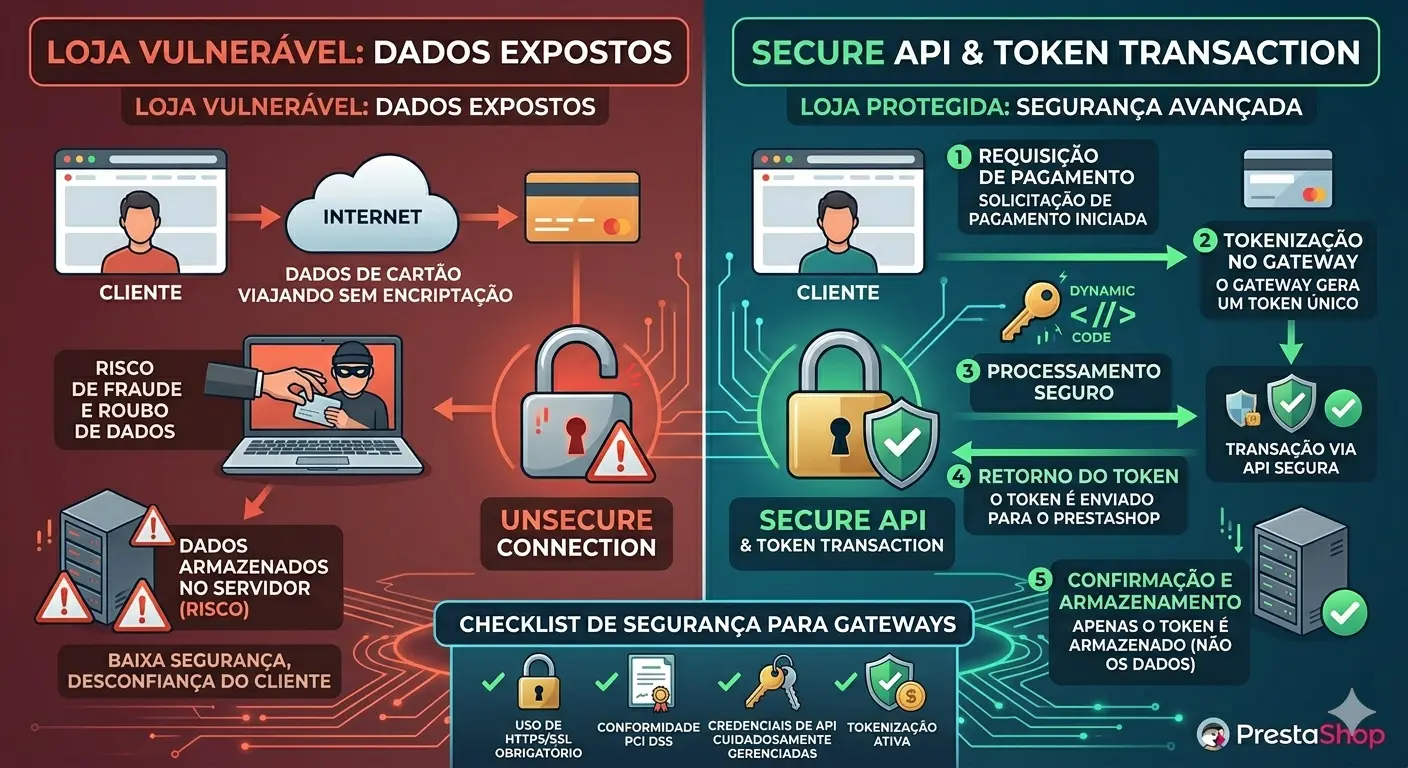 Diagrama técnico de segurança PrestaShop comparando o risco de dados expostos versus o fluxo seguro de tokenização via API em transações de checkout.
