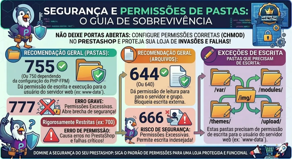 Guia visual de segurança focado em permissões de pastas (CHMOD) para PrestaShop, mostrando as configurações recomendadas (755 e 644) e as exceções de escrita necessárias para o funcionamento da loja.