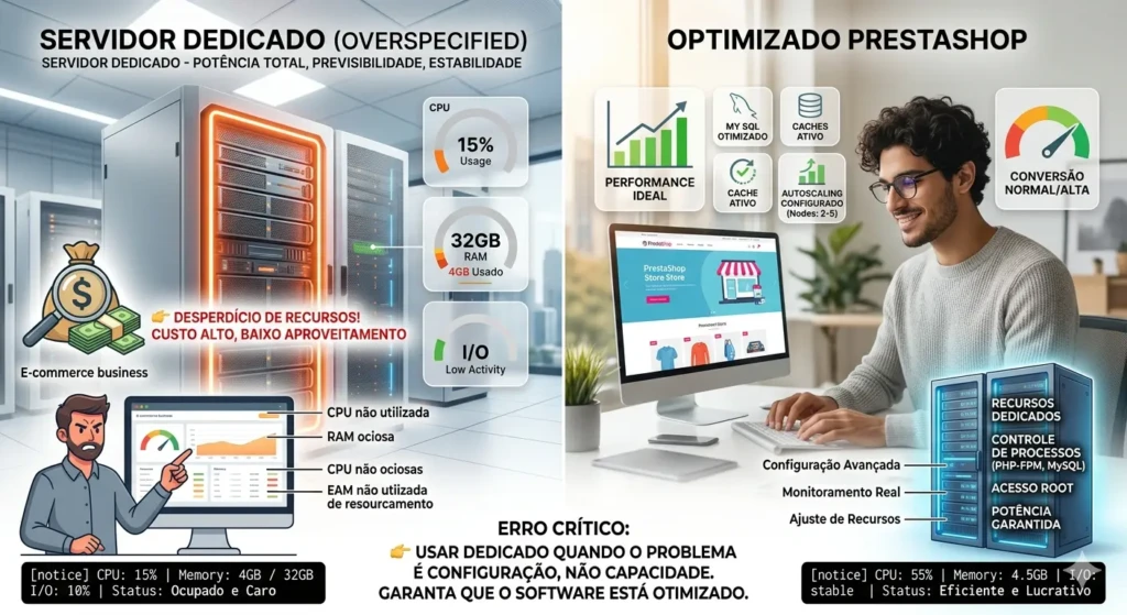 Comparação entre servidor dedicado PrestaShop com recursos ociosos e ambiente otimizado com uso eficiente de CPU, RAM e alta performance