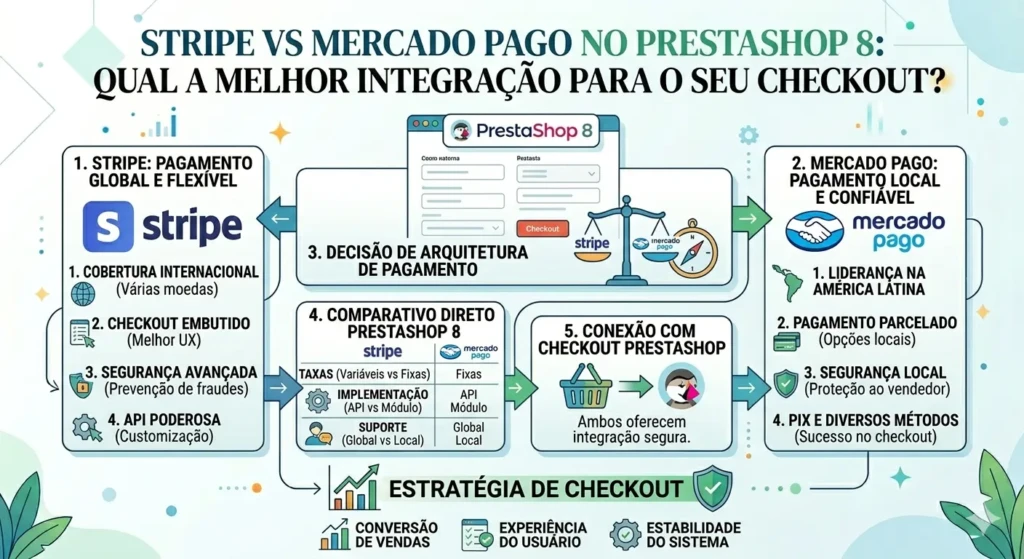 Infográfico comparativo entre Stripe e Mercado Pago para PrestaShop 8, destacando cobertura internacional e API do Stripe versus liderança na América Latina e parcelamento local do Mercado Pago.