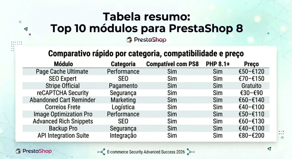 Tabela comparativa dos 10 melhores módulos para PrestaShop 8 com categorias, compatibilidade PHP 8.1 e estimativa de preços.