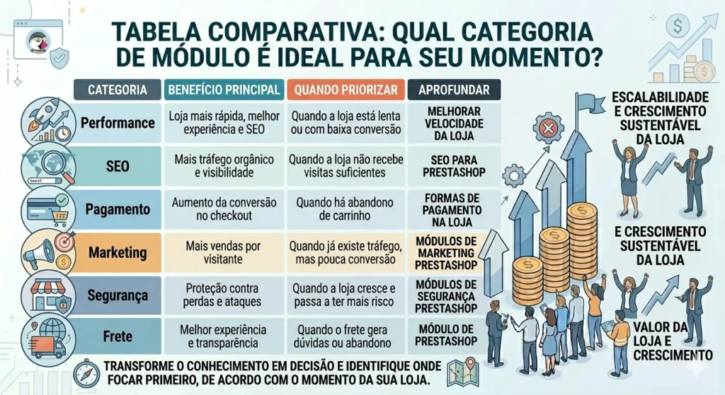 Tabela estratégica comparando categorias de módulos PrestaShop (Performance, SEO, Pagamento, Marketing, Segurança, Frete) e quando priorizá-las.