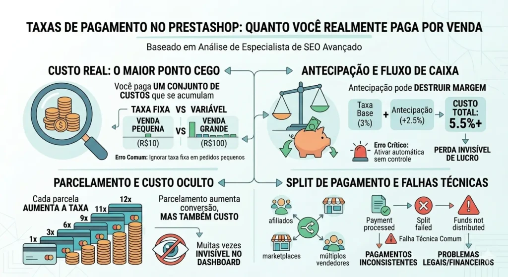 Infográfico detalhando taxas fixas, variáveis e custos de antecipação em módulos de pagamento PrestaShop.