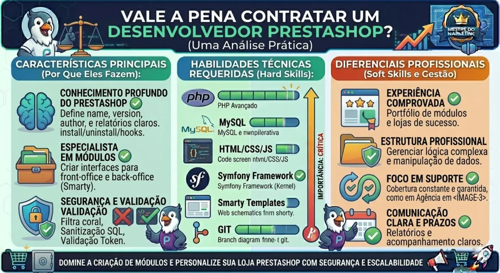 Infográfico de análise prática comparando os custos e tempo de tentar desenvolver sem um especialista versus os resultados e segurança obtidos ao contratar um desenvolvedor PrestaShop profissional.