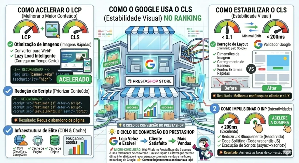 Web Vitals no PrestaShop: Acelere sua Loja e Converta Mais 1 Infográfico mostrando como otimizar Core Web Vitals (LCP, CLS, INP) no PrestaShop para melhorar o ranking no Google e aumentar conversões.