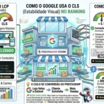 Infográfico mostrando como otimizar Core Web Vitals (LCP, CLS, INP) no PrestaShop para melhorar o ranking no Google e aumentar conversões.