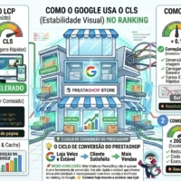 Infográfico mostrando como otimizar Core Web Vitals (LCP, CLS, INP) no PrestaShop para melhorar o ranking no Google e aumentar conversões.