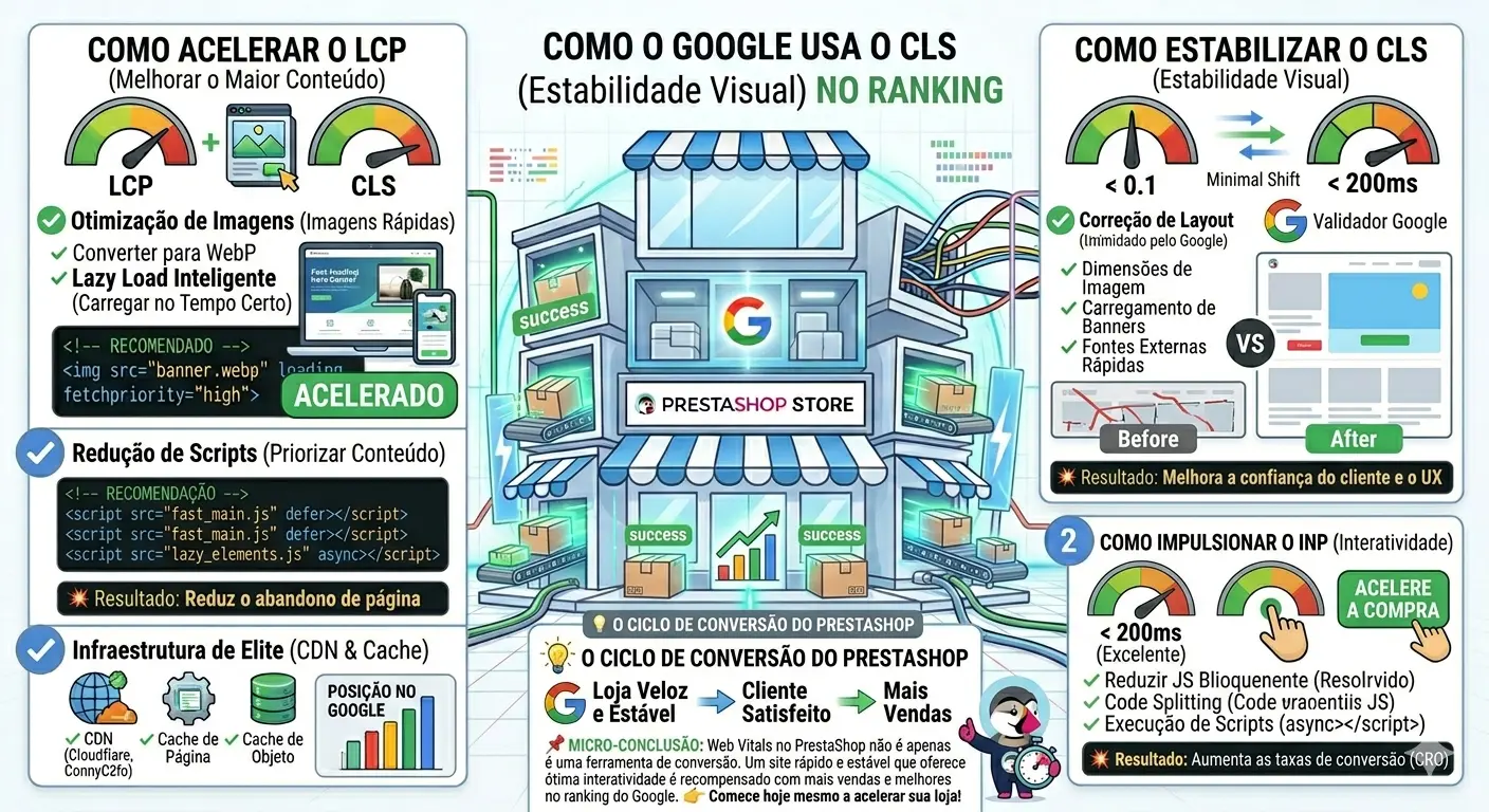 Infográfico mostrando como otimizar Core Web Vitals (LCP, CLS, INP) no PrestaShop para melhorar o ranking no Google e aumentar conversões.