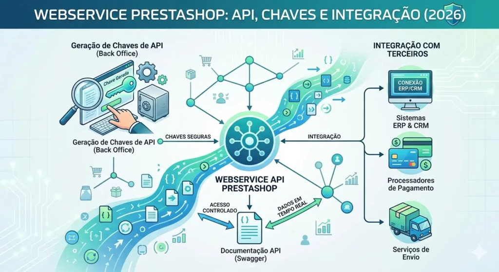 API PrestaShop 2026: Guia Completo com Segurança e Debug 1 Infográfico sobre Webservice PrestaShop mostrando geração de chaves de API e integração com ERP, CRM e marketplaces.