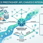 Infográfico sobre Webservice PrestaShop mostrando geração de chaves de API e integração com ERP, CRM e marketplaces.
