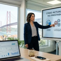 Especialista em PrestaShop apresenta infográfico com os passos para actualizar módulos com segurança num escritório em Lisboa.