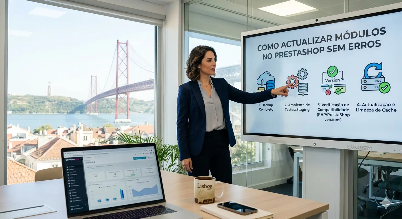Especialista em PrestaShop apresenta infográfico com os passos para actualizar módulos com segurança num escritório em Lisboa.