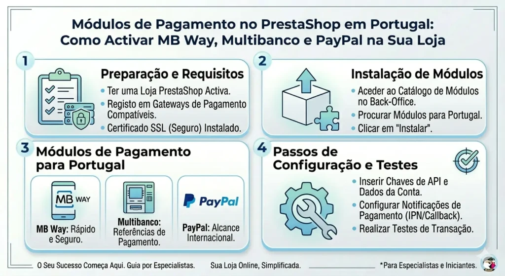 Infográfico clean com 4 passos para ativar módulos de pagamento no PrestaShop em Portugal: MB WAY, Multibanco, PayPal e Cartão de Crédito.