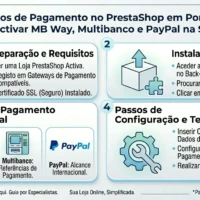 Infográfico clean com 4 passos para ativar módulos de pagamento no PrestaShop em Portugal: MB WAY, Multibanco, PayPal e Cartão de Crédito.