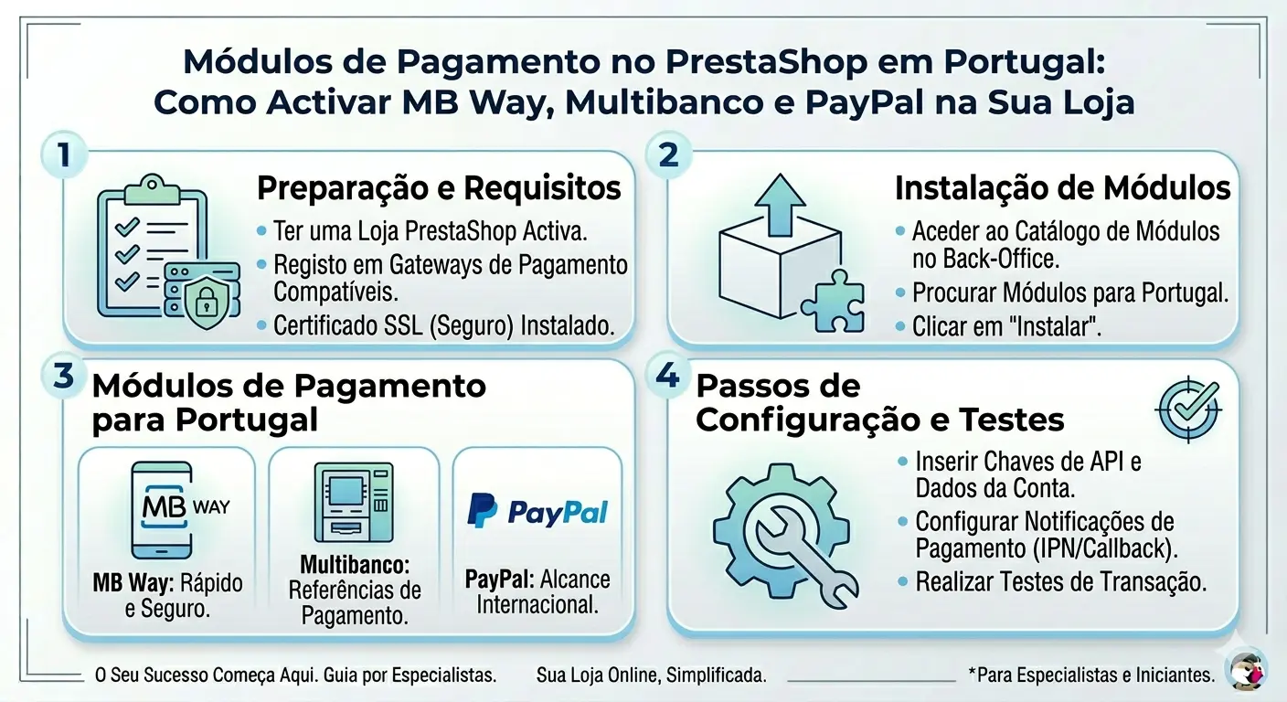 Infográfico clean com 4 passos para ativar módulos de pagamento no PrestaShop em Portugal: MB WAY, Multibanco, PayPal e Cartão de Crédito.