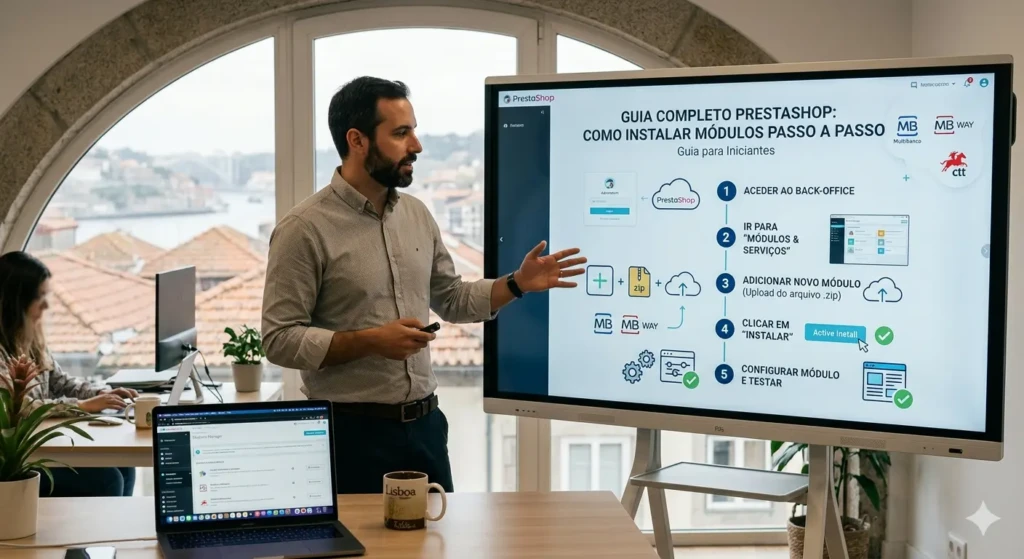 Infográfico passo a passo de como instalar módulos no PrestaShop para iniciantes, com design moderno azul e bandeira de Portugal.